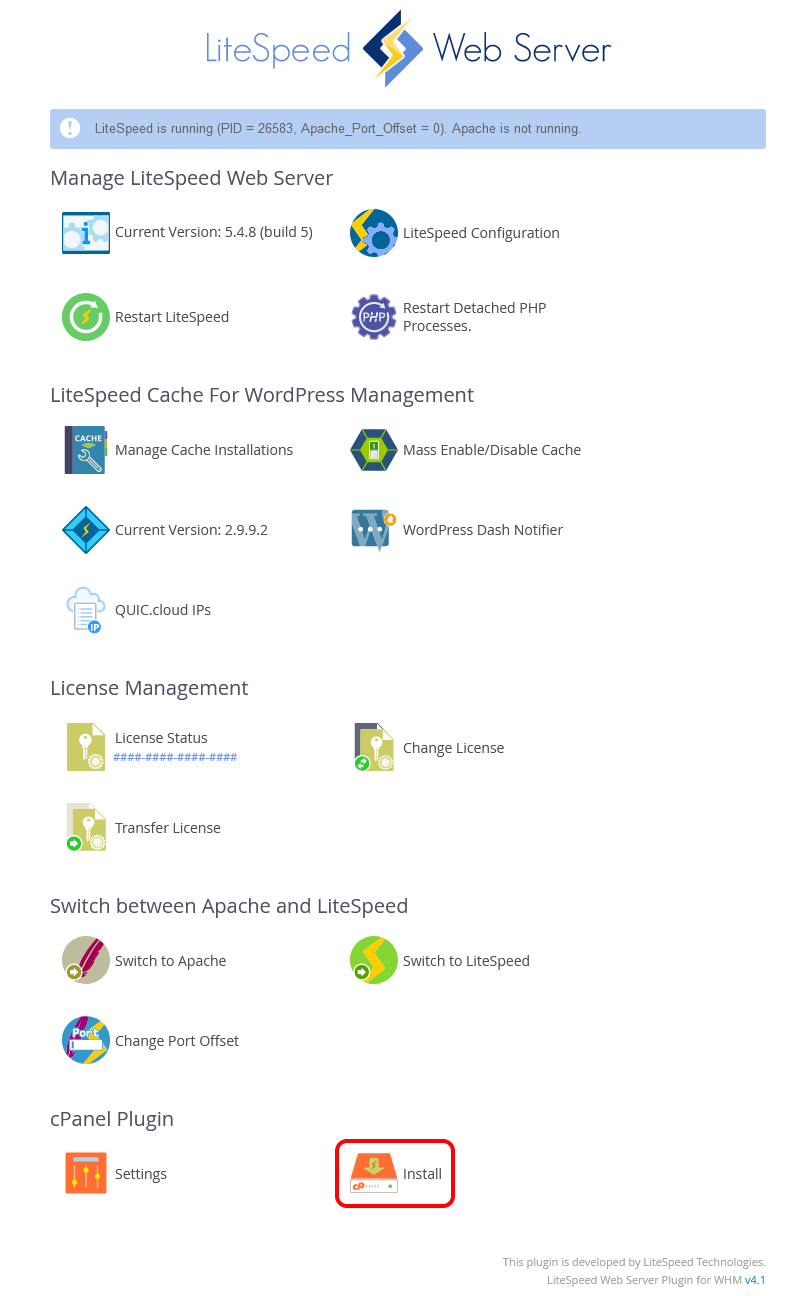 !WHM Plugin Main Page With User-end CPanel Plugin Install Icon Circled