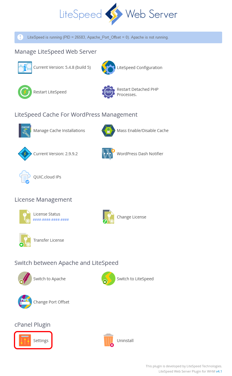 !WHM Plugin Main Page With User-end CPanel Plugin "Settings" Icon Circled