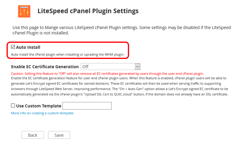 !WHM Plugin "LiteSpeed CPanel Plugin Settings" Page With "Auto Install" Setting Circled