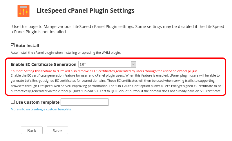 !WHM Plugin "LiteSpeed CPanel Plugin Settings" Page With "Enable EC Certificate Generation" Setting Circled