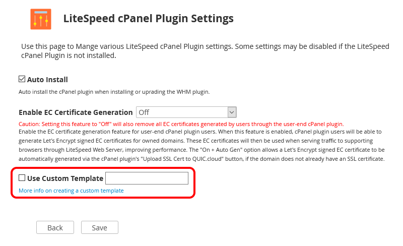 !WHM Plugin "CPanel Plugin Settings" Page With "Use Custom Template" Setting Circled
