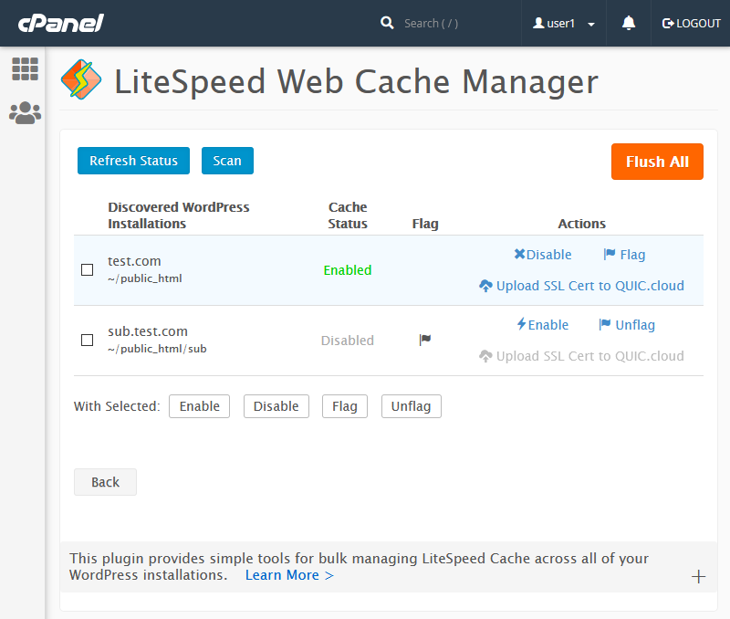 !User-end CPanel Plugin "LiteSpeed Web Cache Manager" Page