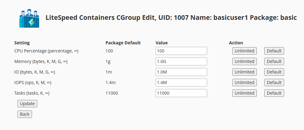 !WHM Plugin "LiteSpeed Containers User Edit"