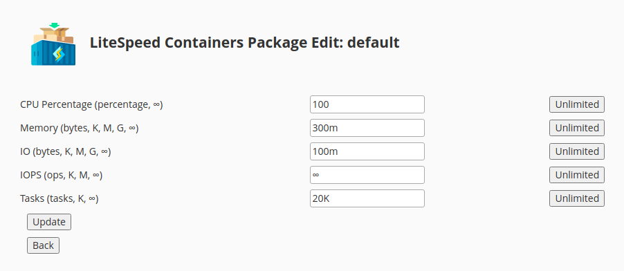 !WHM Plugin "LiteSpeed Containers Package Edit"