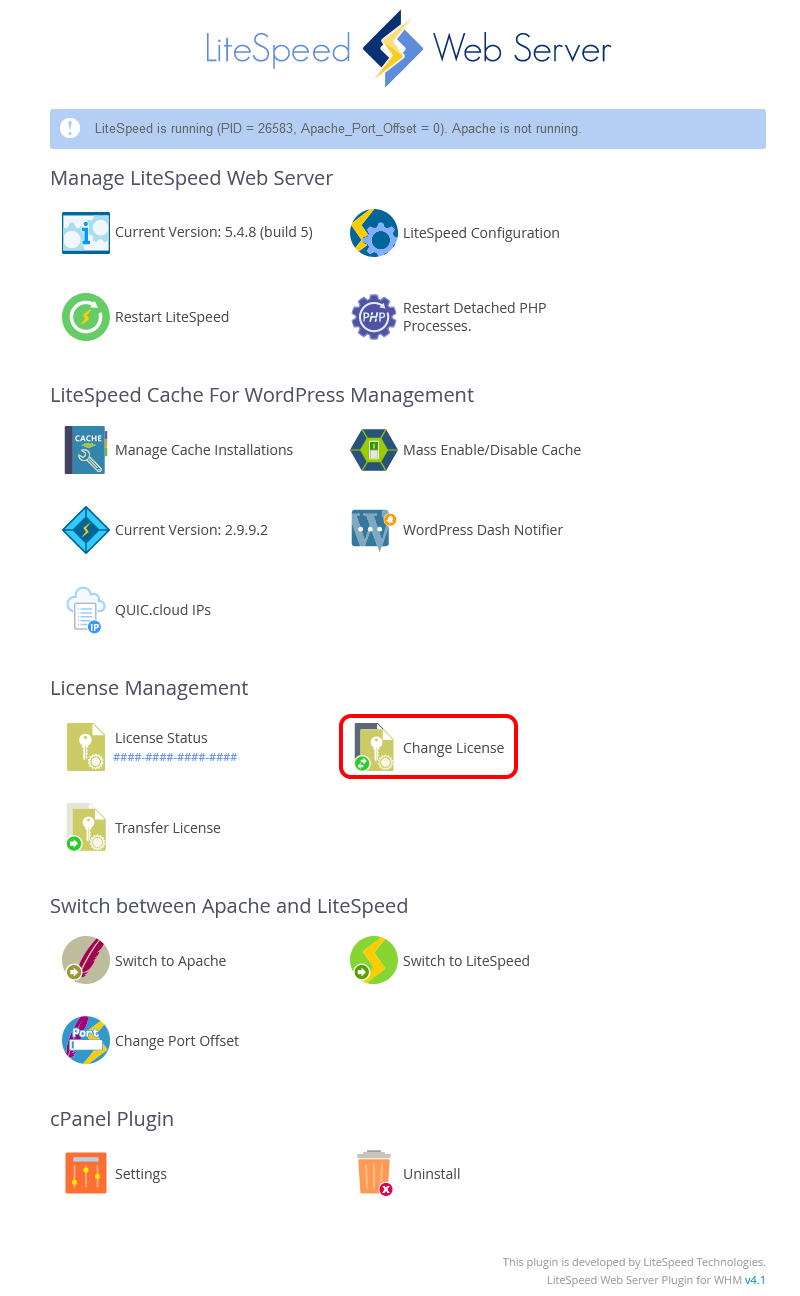 !WHM Plugin Main Page With Change License Icon Circled
