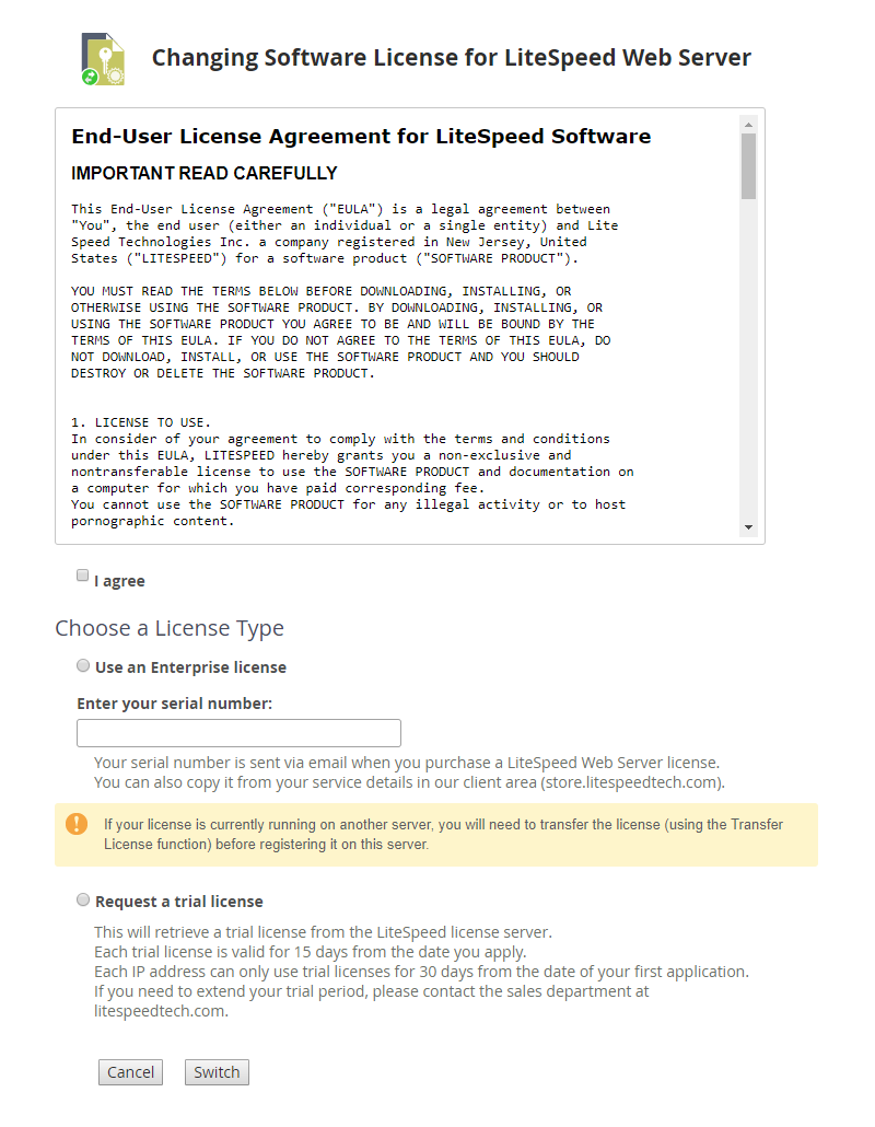 !WHM Plugin "Change Software License for LiteSpeed Web Server" Page