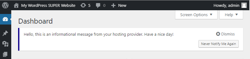 !Example "Broadcast A Message" Dash Notifier Message In WordPress Dashboard