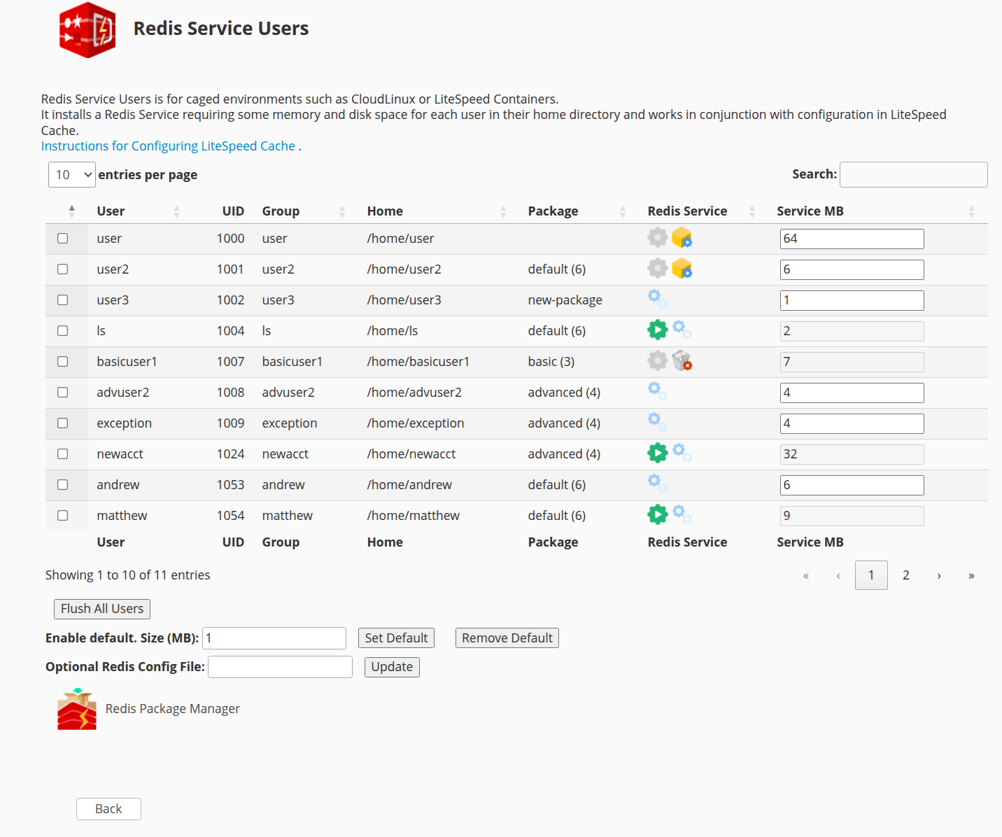 !Whm Plugin "Cache Redis for Users" Page