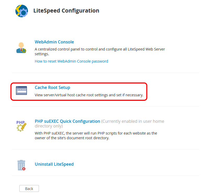 !WHM Plugin "LiteSpeed Configuration" Page With "Cache Root Setup" Section Circled
