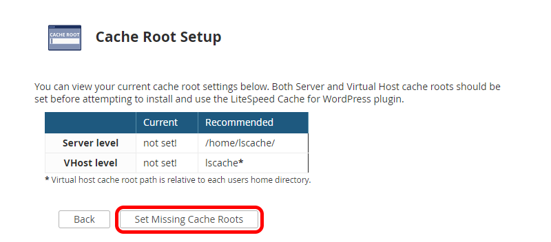 !WHM Plugin "Cache Root Setup" Page With "Set Missing Cache Roots" Button Circled