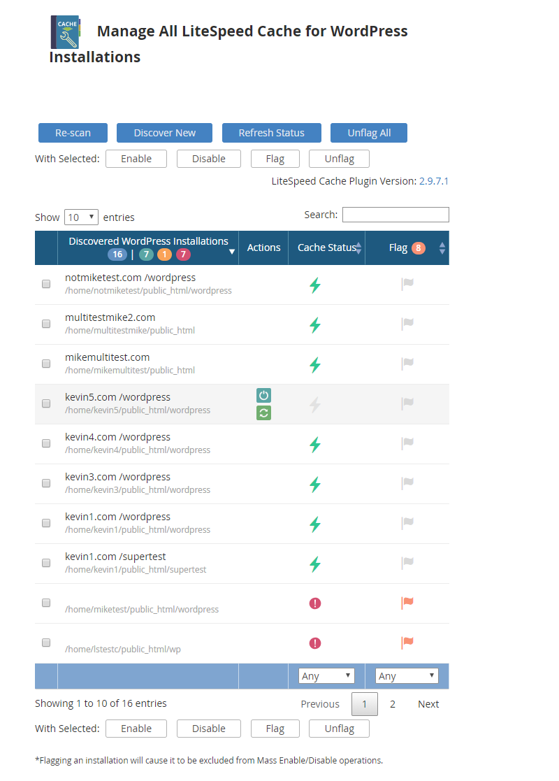 !WHM Plugin "Manage All LiteSpeed Cache For WordPress Installations" Page After Performing An Initial Scan