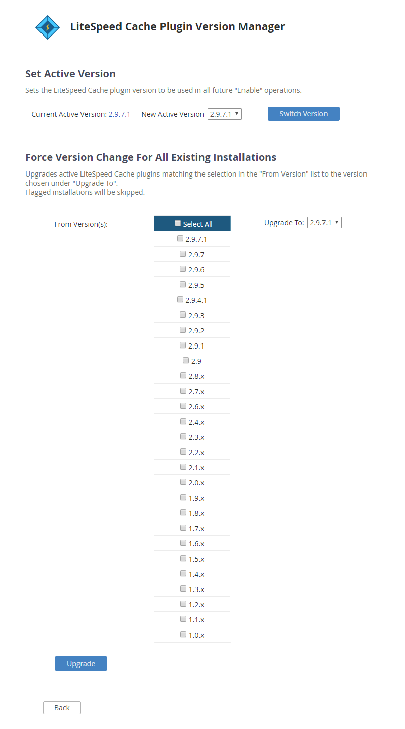 !WHM Plugin "LiteSpeed Cache Plugin Version Manager" Page