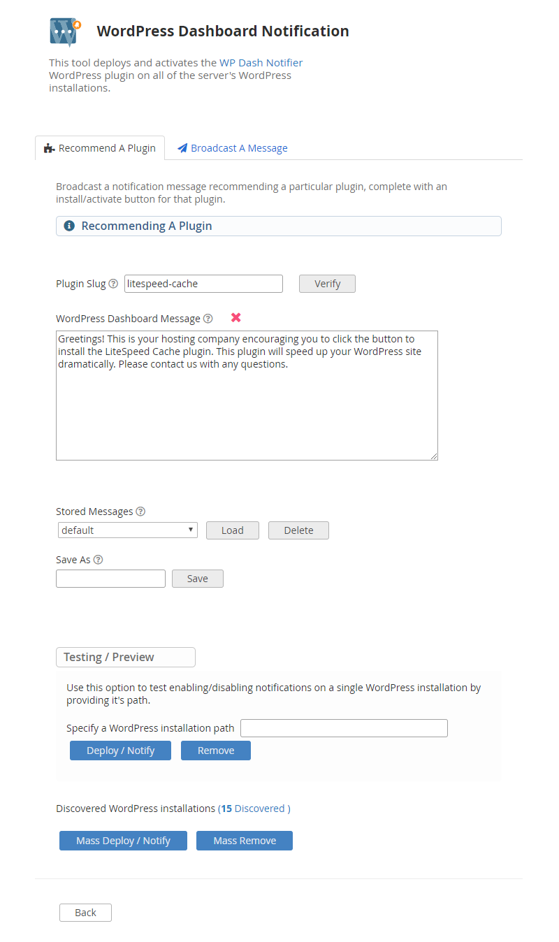 !WHM Plugin "WordPress Dashboard Notification" Page With "Recommend A Plugin" Tab Selected