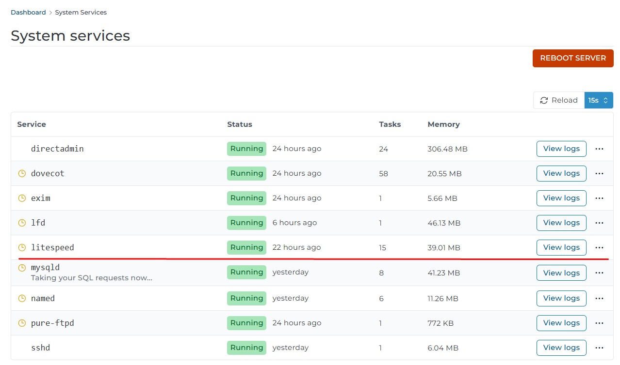 LiteSpeed service status in DirectAdmin