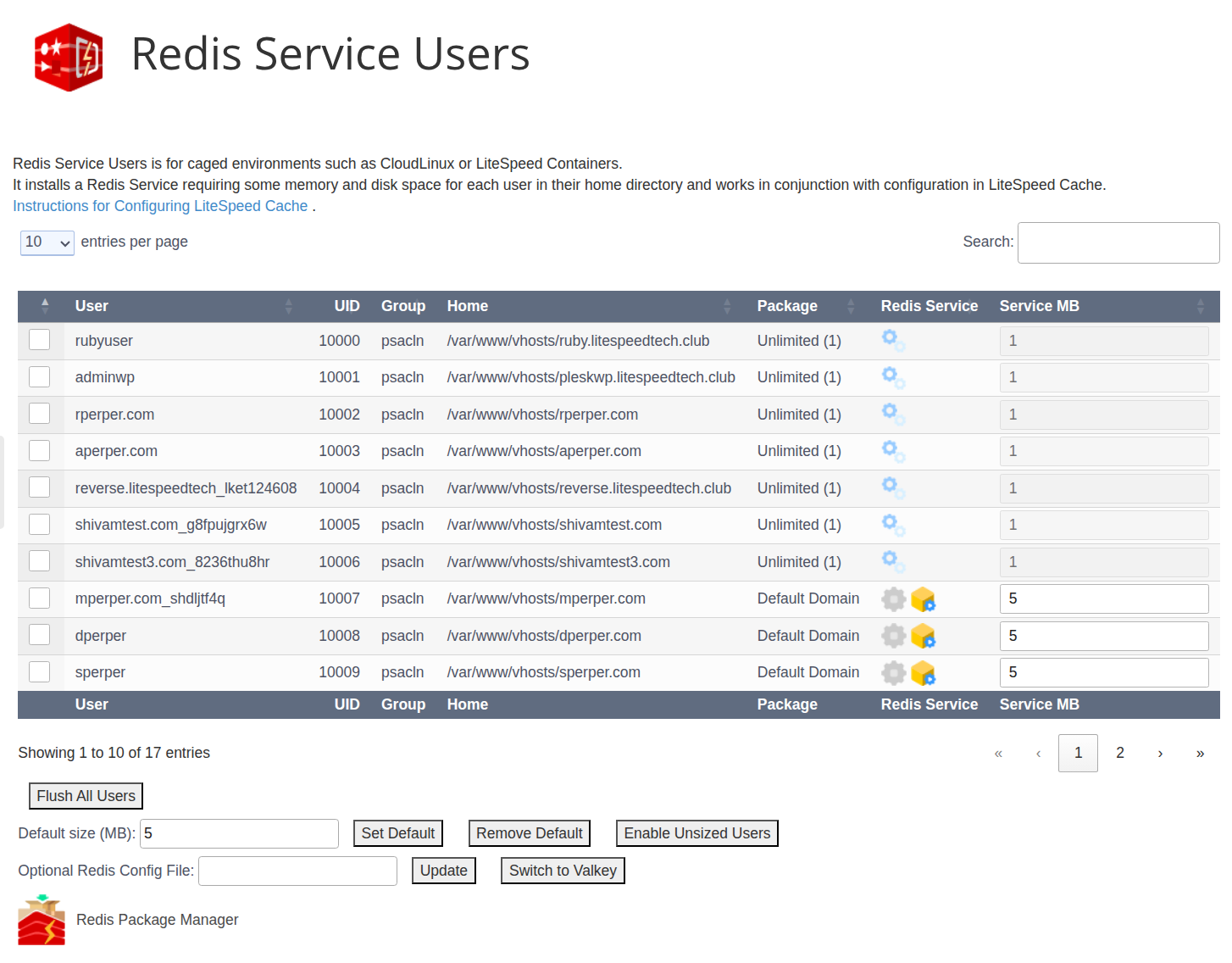 !Plesk Plugin "Cache Redis for Users" Page