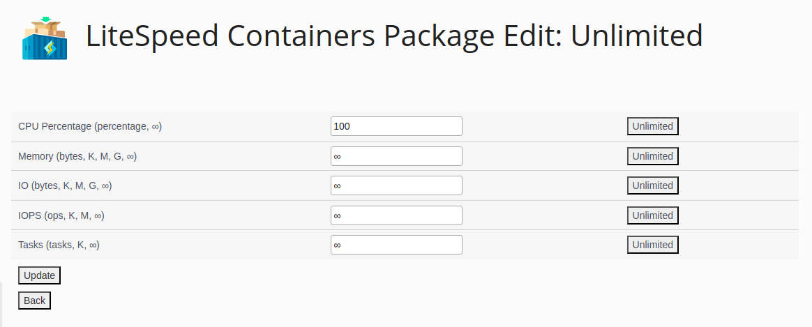 !Plesk Plugin "LiteSpeed Containers Package Edit"