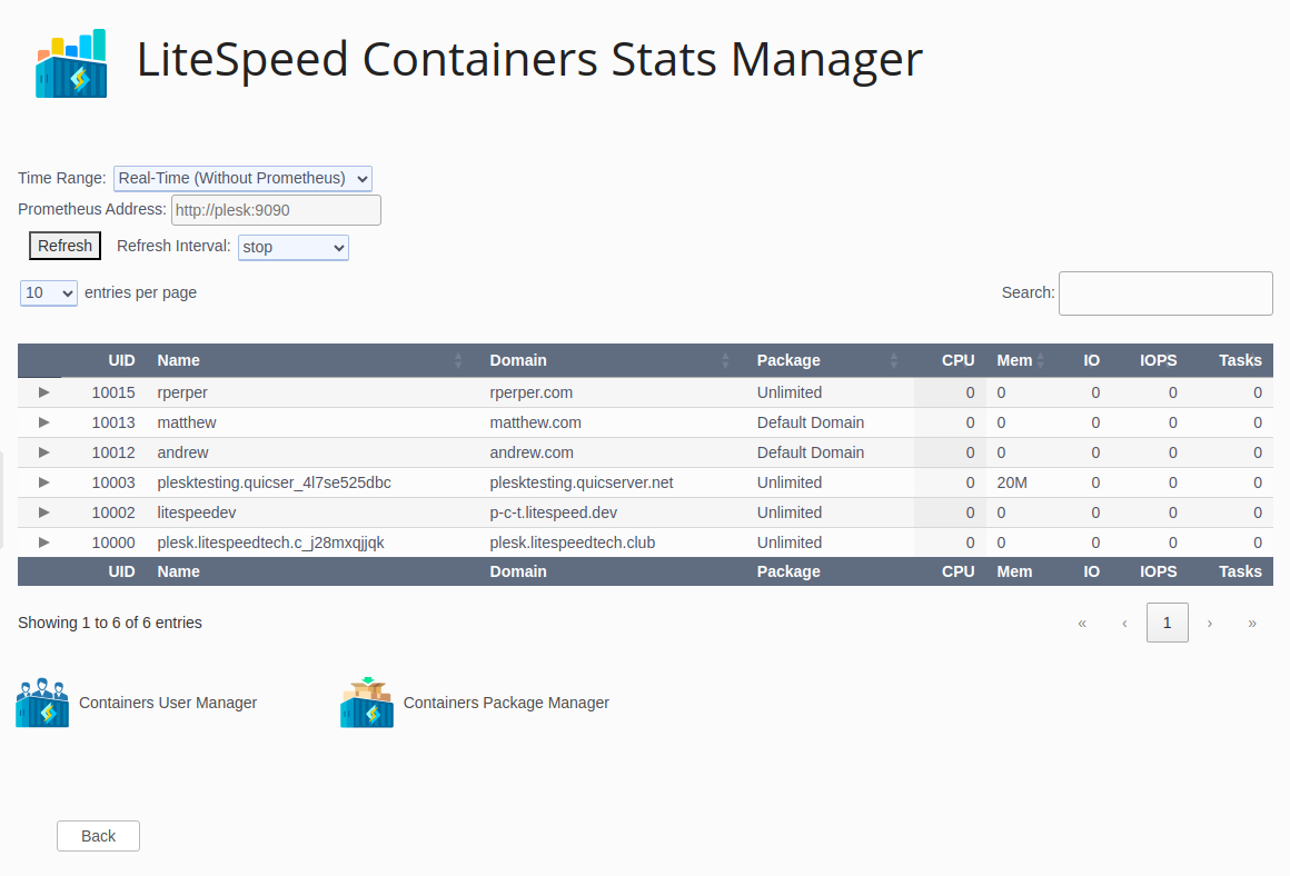 !Plesk Plugin "LiteSpeed Containers Stats Manager"