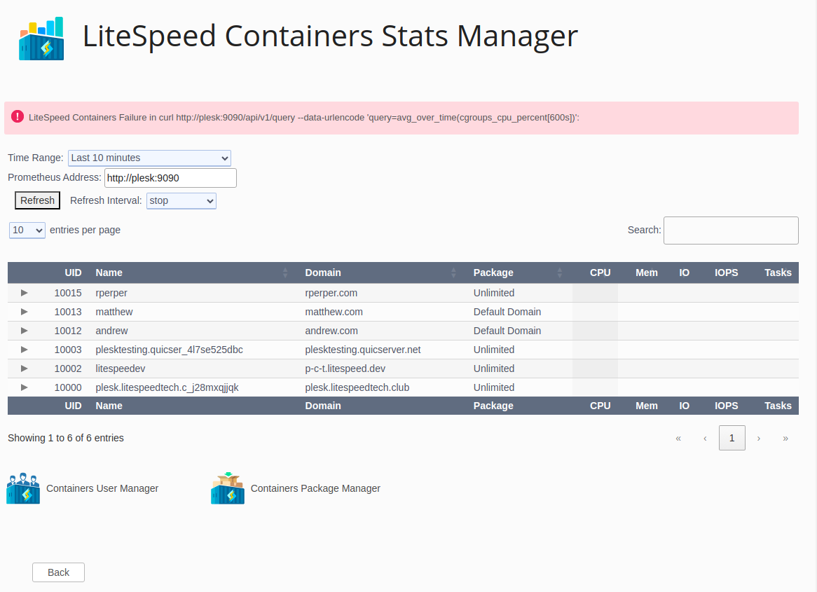 !Plesk Plugin "LiteSpeed Containers Stats Manager Error"
