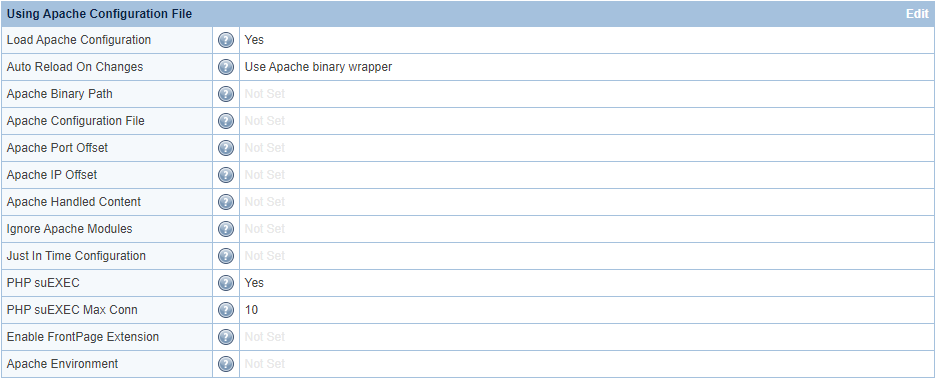 WebAdmin Apache configuration settings
