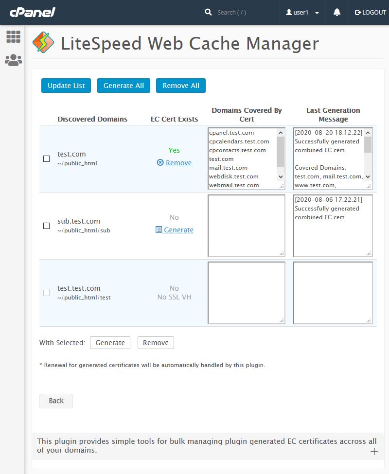 User-end CPanel Plugin "EC Certificate Manager" Page