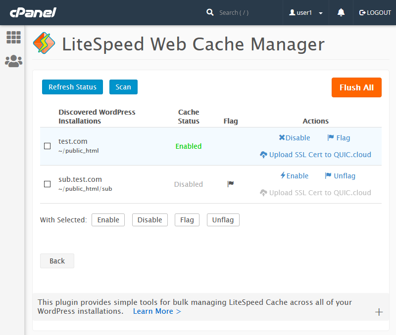 User-end CPanel Plugin "LiteSpeed Web Cache Manager" Page