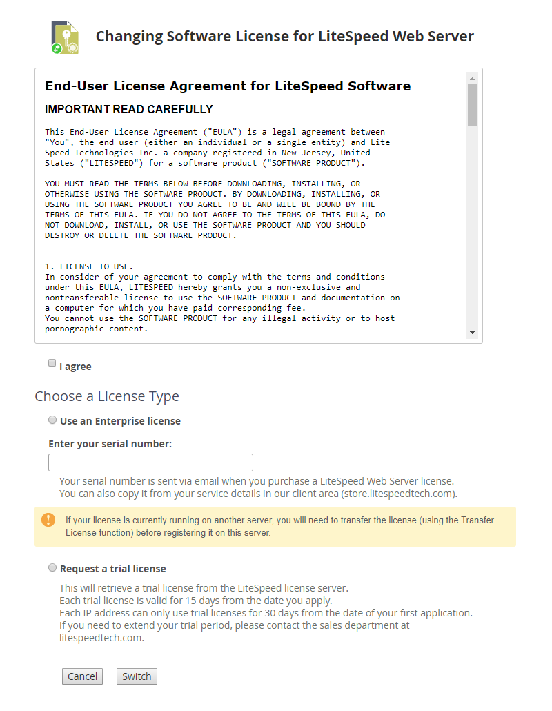 WHM Plugin "Change Software License for LiteSpeed Web Server" Page