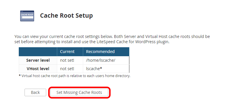 WHM Plugin "Cache Root Setup" Page With "Set Missing Cache Roots" Button Circled