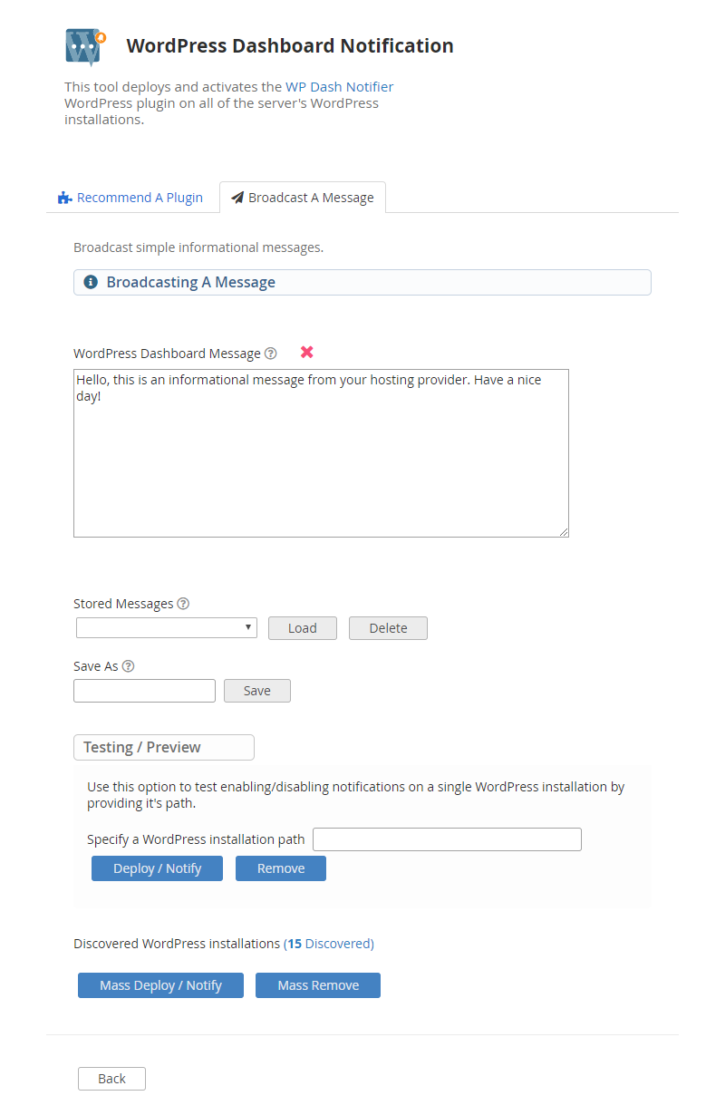 WHM Plugin "WordPress Dashboard Notification" Page With "Broadcast A Message" Tab Selected