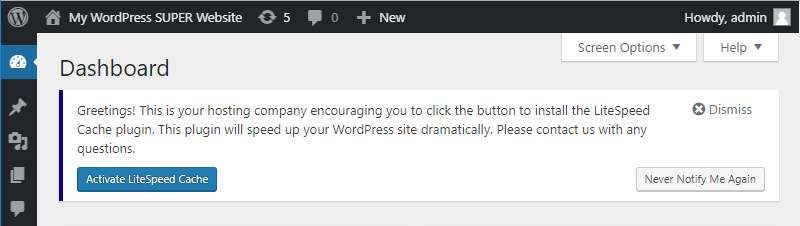 Example "Recommend A Plugin" Dash Notifier Message In WordPress Dashboard When Site Has The Plugin Deactivated