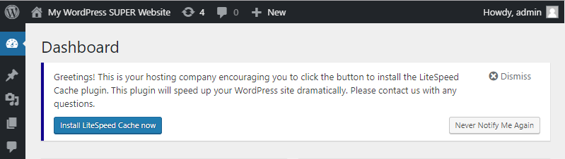 Example "Recommend A Plugin" Dash Notifier Message In WordPress Dashboard When Site Does Not Have The Plugin Installed