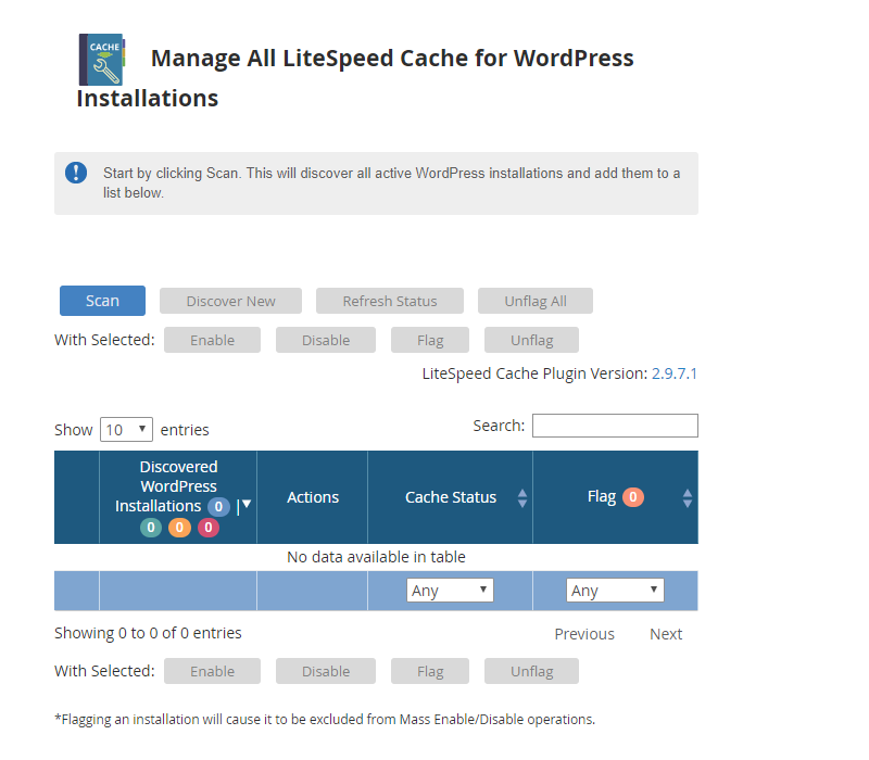 WHM Plugin "Manage All LiteSpeed Cache For WordPress Installations" Page Before Performing An Initial Scan