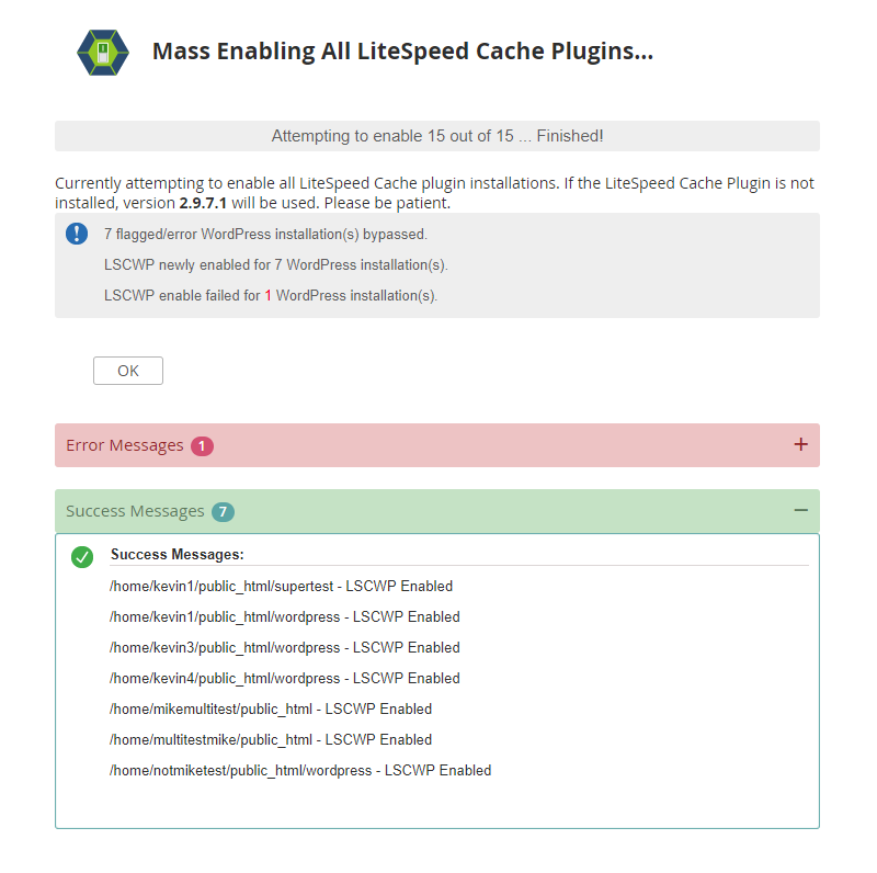 WHM Plugin "Mass Enabling All LiteSpeed Cache Plugins..." Result Page