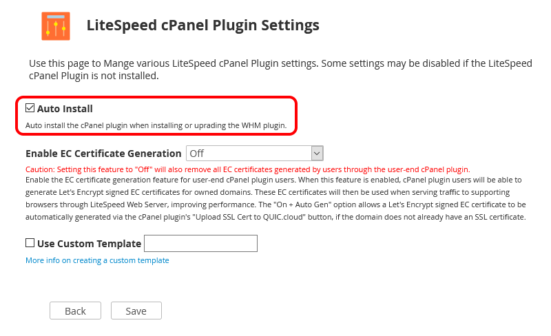 WHM Plugin "LiteSpeed CPanel Plugin Settings" Page With "Auto Install" Setting Circled