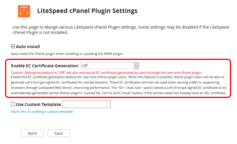 WHM Plugin "LiteSpeed CPanel Plugin Settings" Page With "Enable EC Certificate Generation" Setting Circled