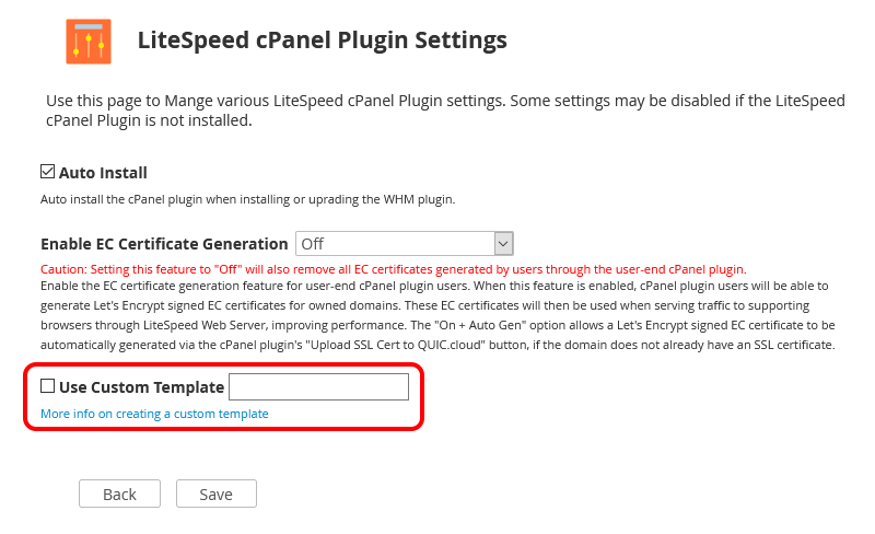 WHM Plugin "CPanel Plugin Settings" Page With "Use Custom Template" Setting Circled