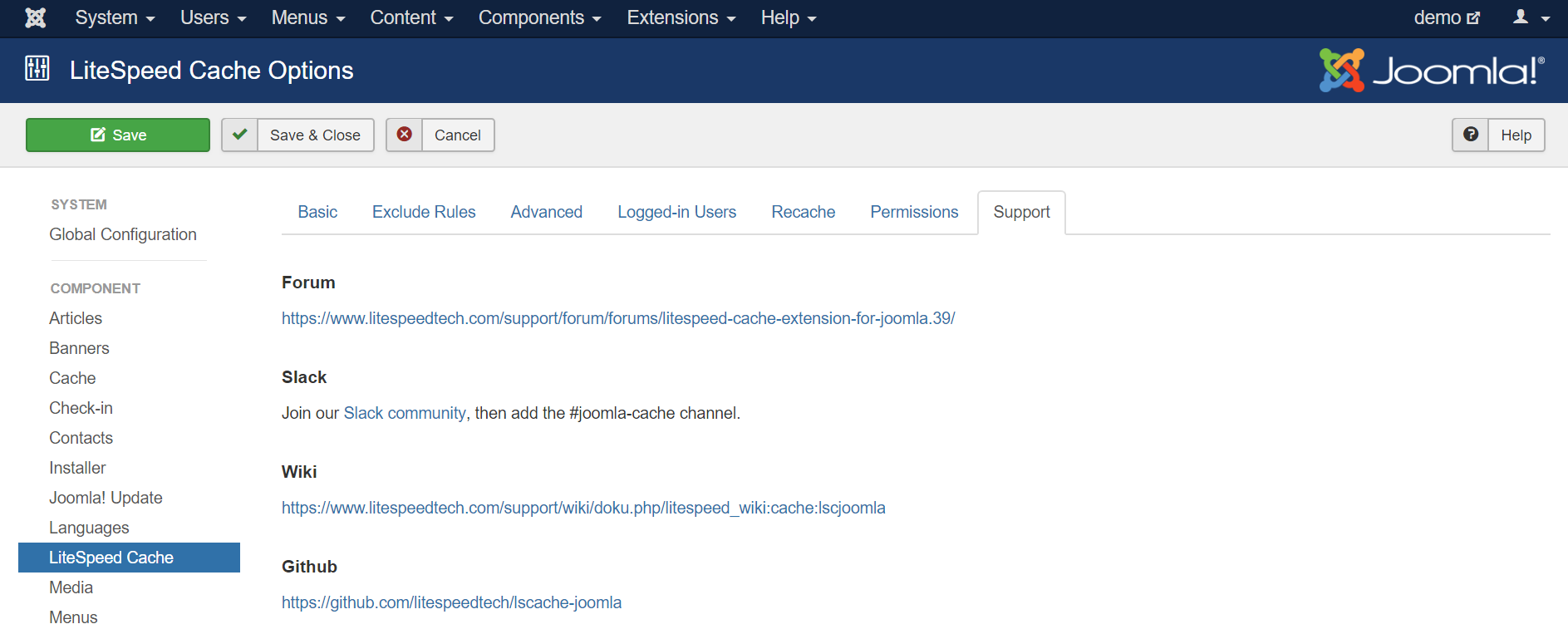 LSCache for Joomla Settings, Support Tab
