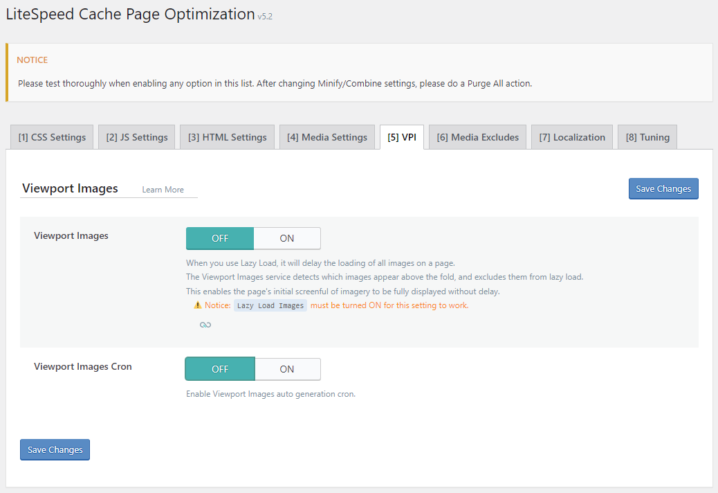 LSCWP Page Optimization Section VPI Tab